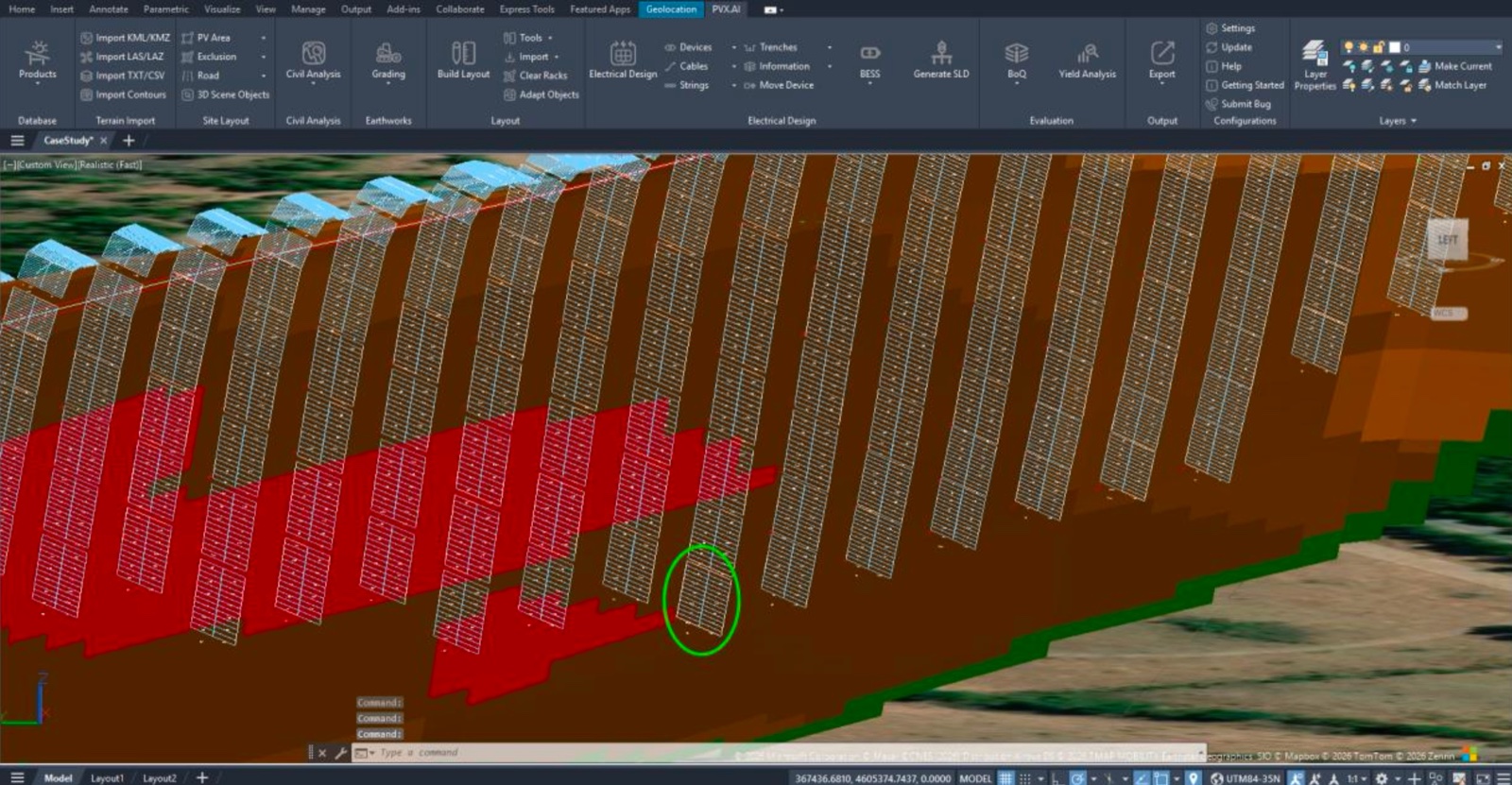 The same layout on real 3D terrain in PVX.Cad, with racks stepping down the slope
