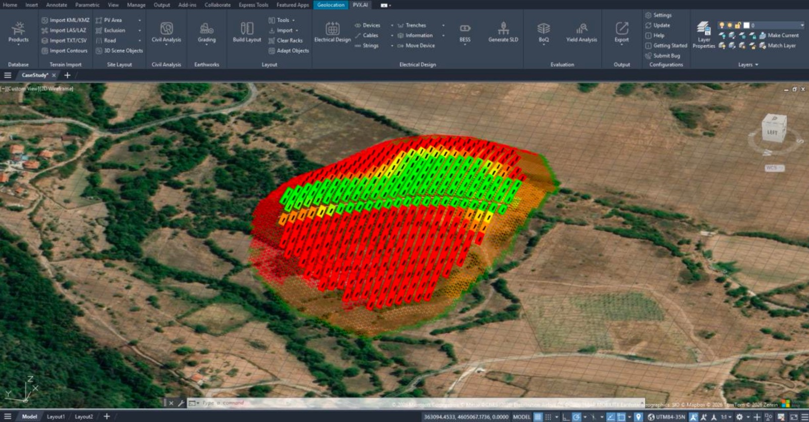 3D perspective view of the layout after slope analysis in PVX.Cad