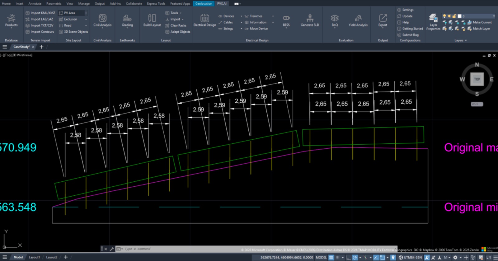 Cross-section front view in PVX.Cad verifying the cosine transformation on real terrain