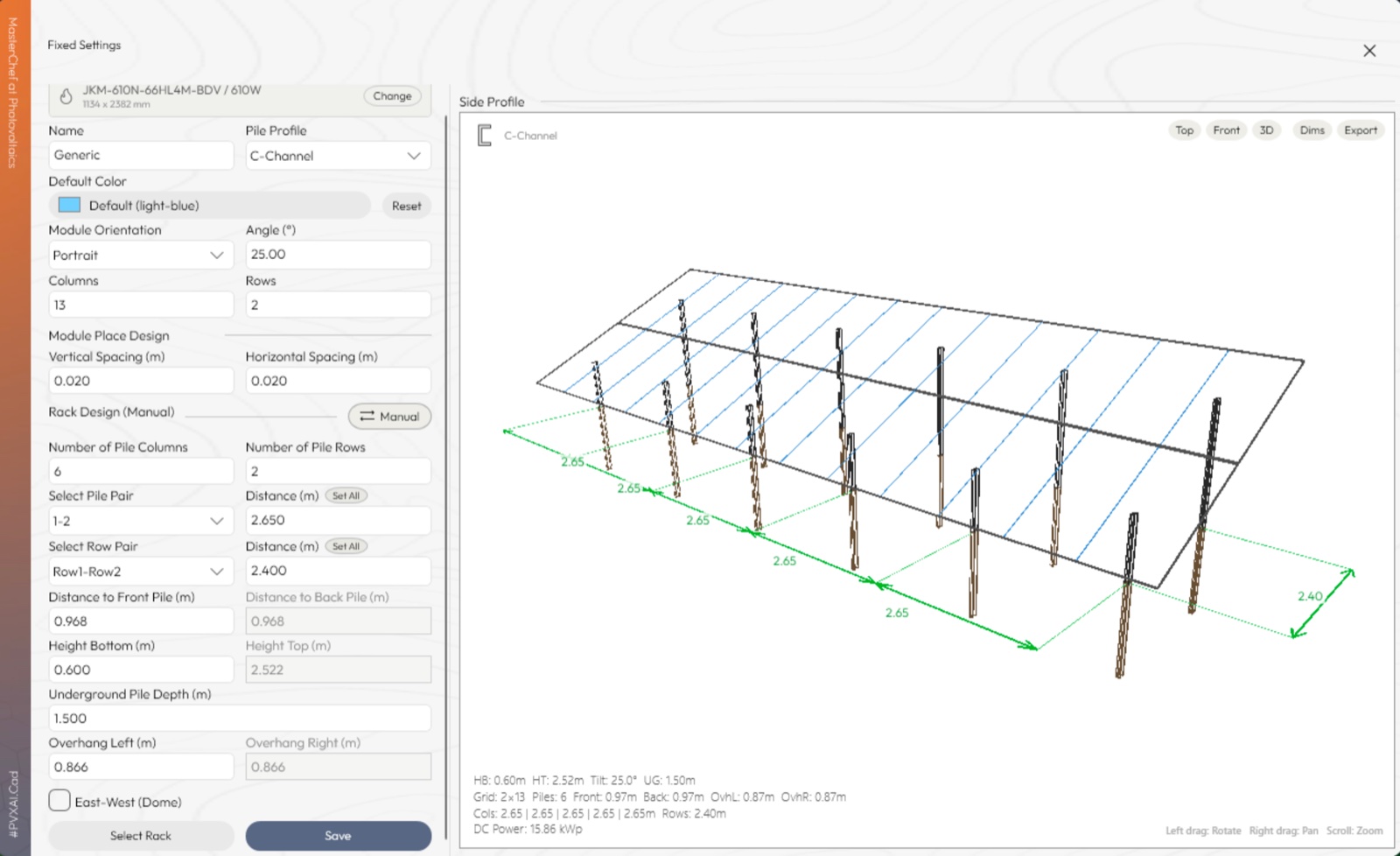 Fixed-tilt rack reference geometry in PVX.Cad: 25° tilt, 6 pile columns, 2.65 m spacing, C-Channel profile, 1.50 m embedment