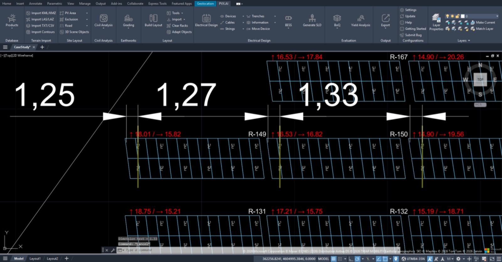 Reference line check in PVX.Cad showing pile spacing narrowing on sloped terrain