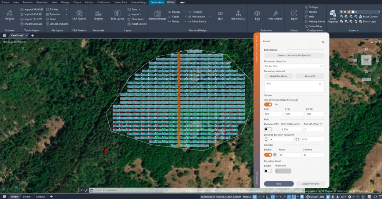 Layout placed on 3D terrain in PVX.Cad with slope checking enabled