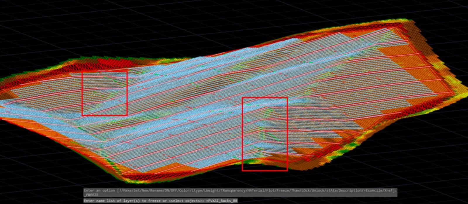Single Row Tracker layout on the 3D terrain, with high cut and fill zones boxed in red