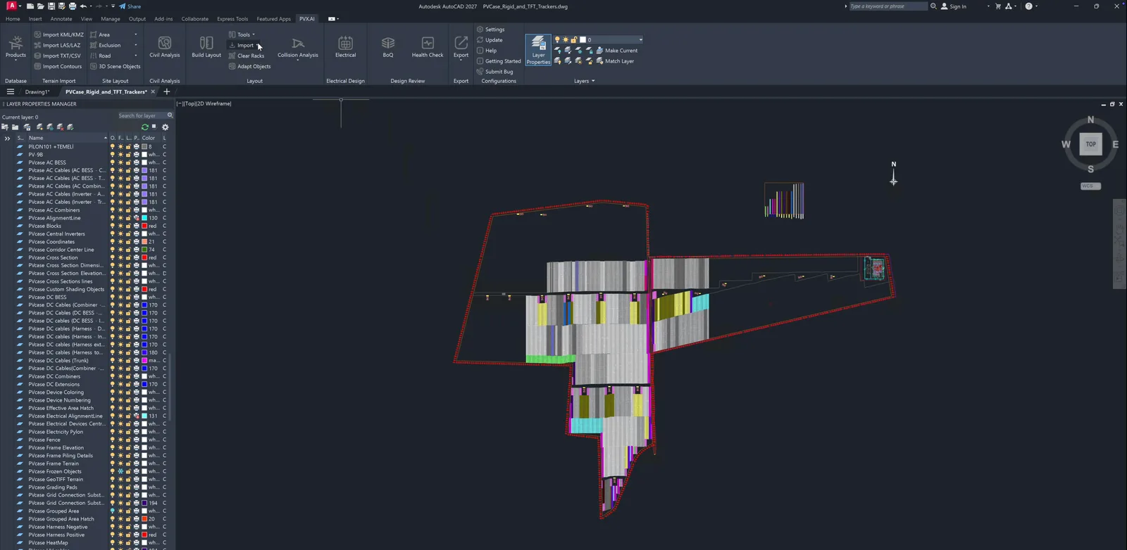 A PVcase design open in AutoCAD before import into PVX.AI, with the original PVcase layers visible
