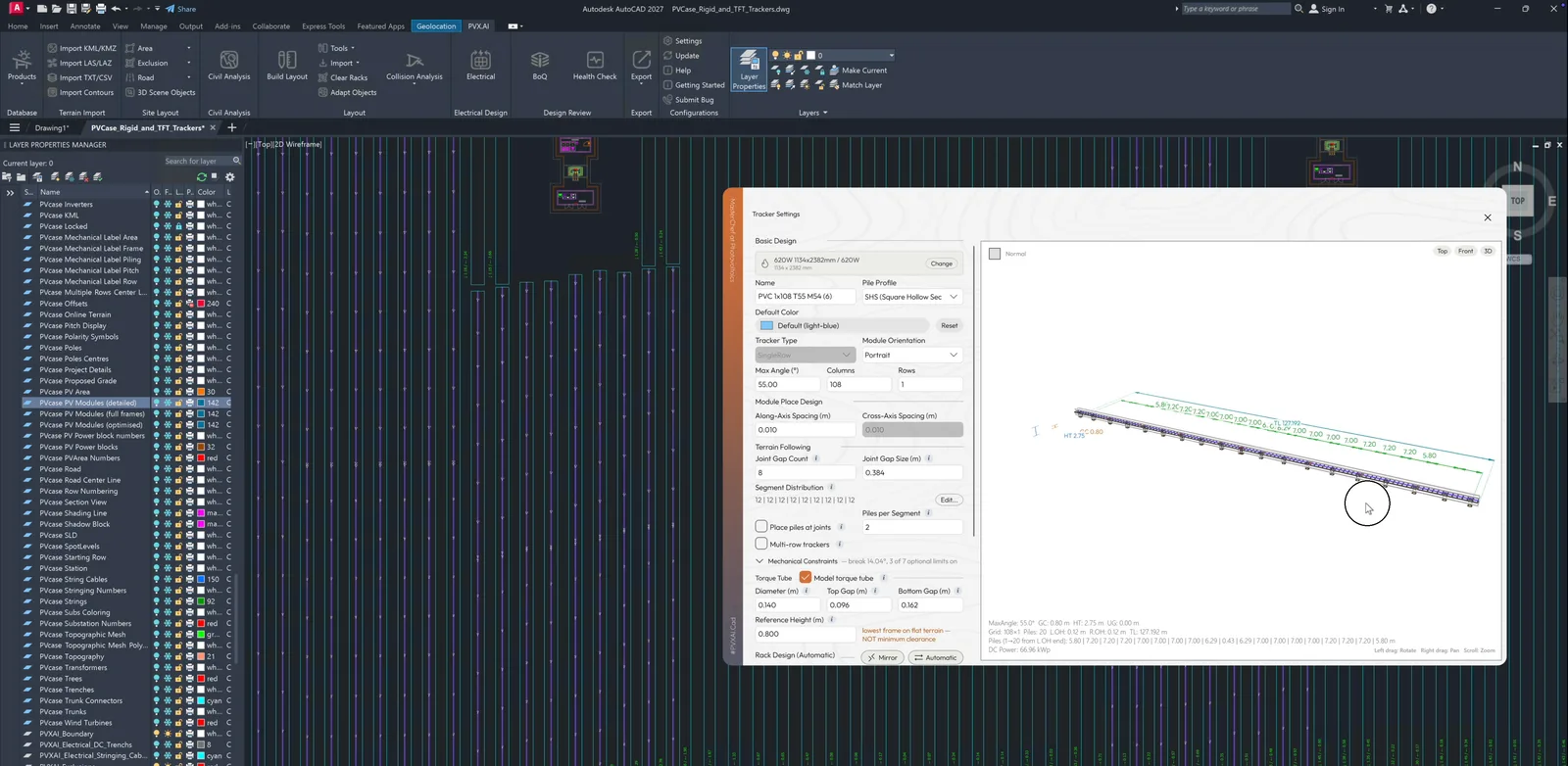 An imported PVcase tracker converted to a native, editable PVX.AI rack spec, with the terrain-following settings open